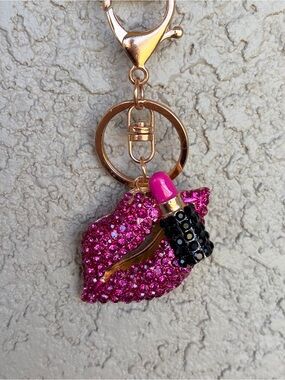 Glam Gold-Tone Hot Pink Crystal Lip & Lipstick Keychain